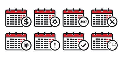 calendar icon. black and white check mark, clock, gear, dollar, bulb icons set silhouette. calendar website element icon vector