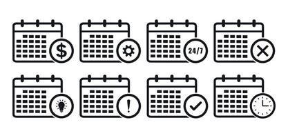 calendar icon. black and white check mark, clock, gear, dollar, bulb icon set silhouette. calendar website element icon vector