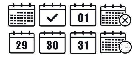 Calendar date icon set. Planner. Calendar icon with different date from 1, 29, 30 and 31 day. Meeting deadlines. Isolated on white background vector