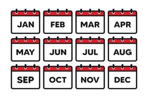 Calendar icons, minimalist design, red and black color scheme, monthly calendar pages, bold typography, clean layout, organized grid, simplistic graphics, time management concept, year at a glance vector