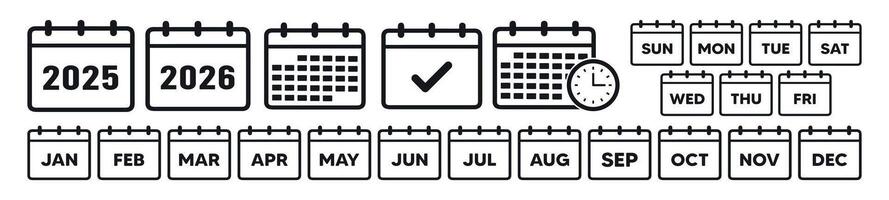 calendar icon. day, week, month, year icons set . Set every day a week, months of the year calendar. Collection of calendar symbols. vector