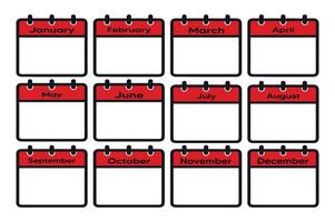 set of calendar icons. Calendar icons, red and white, minimalist design, grid layout, twelve months, blank date spaces, flat graphic style, organized arrangement, time management concept, schedule vector