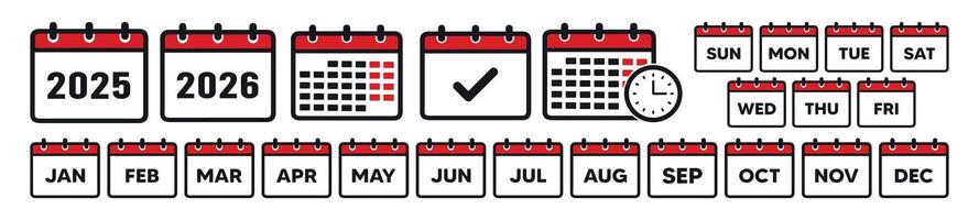 calendar icon , day, week, month, year icons set . Set every day a week, months of the year calendar. Collection of calendar symbols. vector