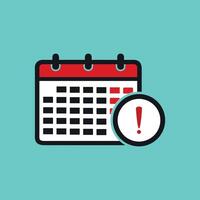 Calendar icon, red top, black grid, exclamation mark, deadline reminder, time management symbol, flat design, white background, graphic illustration, simple shapes, bold colors, appointment alert vector