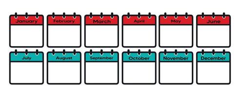 Calendar icons, monthly layout, simplified design, teal and red color scheme, minimalist illustration, digital planner, time management concept, organizational tool, flat graphic design vector