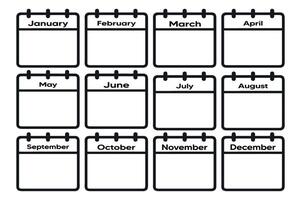 Calendar template, minimalist design, monthly layout, black and white, clean lines, simple icons, organizational tool, planner pages, year at a glance, bullet journal style on white background vector