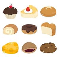 Illustration set of desserts and bakery items. Such as cakes, bread. Separate background. vector