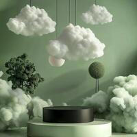 Minimal black podium table top in outdoor on pastel soft green background with clouds. Beauty cosmetic product placement pedestal stand displayurreal paradise dreamy concept as a background photo