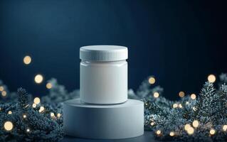 Clean blank square bottle made of white glass with white cap on dark blue background with New Year decorations . Mock up for advertising photo