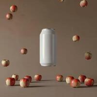 A can of apple juice surrounded by apples on dark brown background photo