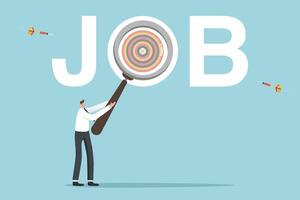 Man pointing with loupe at job with dartboard vector