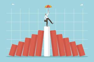 Man with umbrella stays on top of falling chart vector