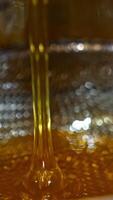Little stream of honey flowing onto the metal sieve. Close up. Organic honey filtering after being extracted from frames. Vertical video