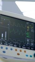Observing the screens of artificial lung ventilation apparatus working in the surgical room. Monitors with patient's life parameters from low angle view. Vertical video