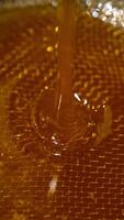 Golden flow of fresh honey leaking from machine. Honey pouring on the metal sieve for filtering from pieces of wax. Close up. Vertical video