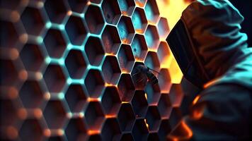 4K Abstract Hexagonal Background High Resolution Futuristic Design with Glowing Honeycomb Pattern a person in a hoodie is standing in front of a hexagon pattern photo