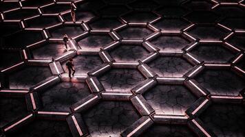 4K Abstract Hexagonal Background High Resolution Futuristic Design with Glowing Honeycomb Pattern a man and woman walk through a hexagonal pattern photo