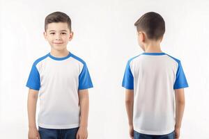 Playful Vibes in a Blue and White Raglan Tee Modeled by a Boy, Front and Back View photo