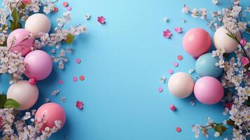 A festive and playful composition featuring small balloons and confetti on a blue background, symbolizing April Fool Day and joyful celebrations. photo