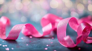 Pink glittering ribbon on a dark surface with bokeh lights. Close-up for design and print. Celebration and festive decor concept photo