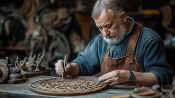 An artisan carefully crafting traditional Martisor decorations in Moldova, highlighting the intricate process and dedication to cultural preservation. photo