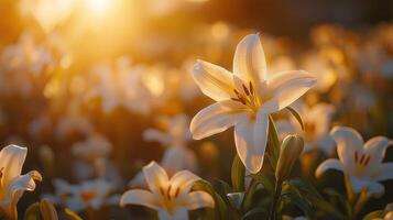 Close-up of a blooming white lily in a field, illuminated by the warm glow of a sunset. Purity and serenity concept photo