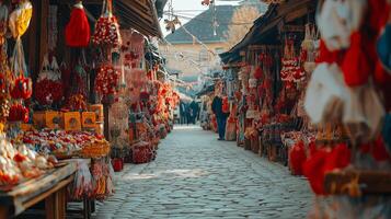 A vibrant spring market in Moldova, showcasing Martisor decorations, colorful handmade crafts, and festive spirit. photo