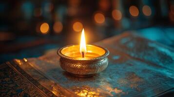 Glowing diya lamp placed on sacred texts, symbolizing devotion to goddess Durga during the Navaratri festival. Spiritual connection concept photo