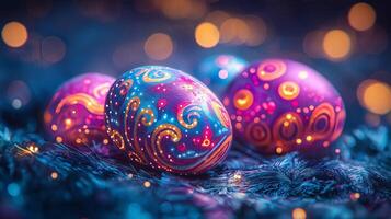 Brightly colored Easter eggs with intricate glowing patterns, arranged against a festive bokeh background. Easter celebration and decoration concept. photo