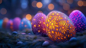 Bright and colorful Easter eggs with intricate glowing patterns, arranged in a festive setting. Easter celebration and creativity concept photo