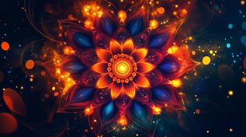 Intricate Rangoli design resembling a flower, created with bright powders and glowing accents in a festive setting. Indian tradition and celebration concept photo