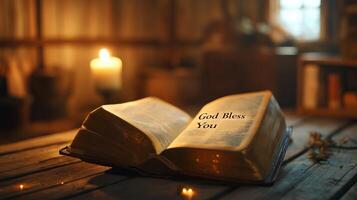 Open holy Bible placed on a rustic wooden table, illuminated by warm light in a peaceful setting. Prayer and spiritual reflection concept photo