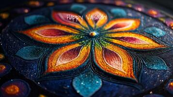 Abstract Rangoli design in the shape of a lotus, created with vibrant powders and illuminated by soft light. Indian culture and Diwali concept photo