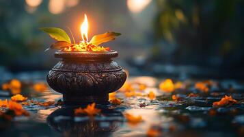 Sacred Kalash adorned with glowing flames and surrounded by flowers in a serene setting. Indian spirituality and devotion concept. photo