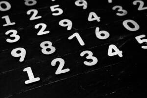 Wooden numbers on a black background. Copy space for text. photo