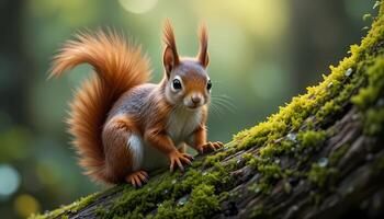 Ultra-Realistic Close-Up of a Squirrel on a Moss-Covered Tree Trunk in a Serene Forest photo