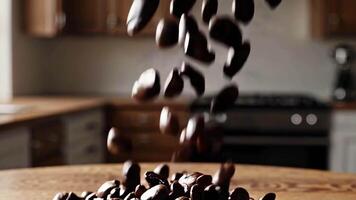 Coffee Beans Falling on Wooden Table Footage Capturing Dynamic Movement video