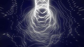 White particles arranged in a spiral wave-like pattern tunnel, creating video