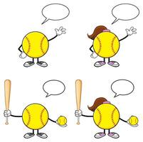 Cartoon Softball Characters with Speech Bubbles and Baseball Equipment for Custom Messages vector