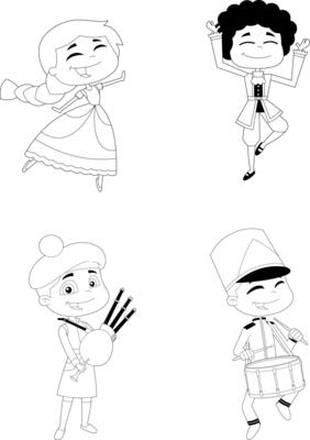 Black and White Cartoon Characters in Traditional Costumes Playing Musical Instruments and Dancing
