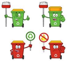 Illustration of Cartoon Trash Cans with Recycling and Waste Sorting Symbols in Eco-Friendly Design vector