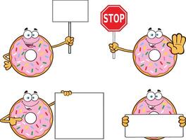 Smiling Cartoon Pink Frosted Donut with Colorful Sprinkles Holding Blank Signs and a Stop Sign in Different Poses vector