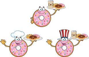 Cartoon smiling pink frosted donut character with colorful sprinkles serving coffee and assorted donuts on a tray vector