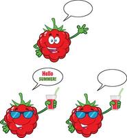 Happy and Expressive Cartoon Raspberry Emojis with Cool Sunglasses, Ideal for Summer, Drinks, and Fun Concepts vector