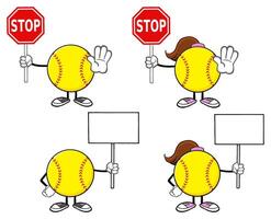 Cartoon Softball Characters Holding Stop Signs and Blank Boards for Custom Messages vector