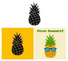 Pineapple Fruit With Green Leafs Simple Design. Collection Set vector