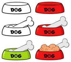Colorful cartoon dog bowls with bones and food isolated on a white background, perfect for pet-related designs and illustrations vector