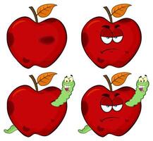 Set of Happy and Angry Red Apples with Smiling Green Worms for Food, Farm, and Organic Product Illustrations vector