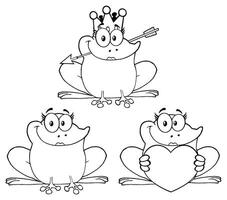 Black and White Frog Illustrations with a Crown, Heart, and Playful Expressions for Coloring Pages vector