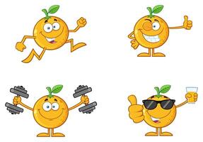 Cheerful orange fruit mascot in various fun and active poses, lifting weights, running, and drinking juice with sunglasses vector